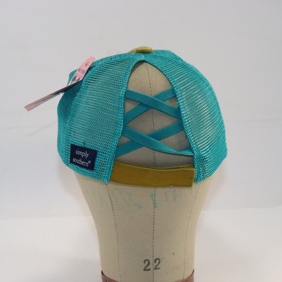 Simply Southern Good Vibe Tribe Distressed Trucker Hat Aqua Ponytail - Picture 2 of 5